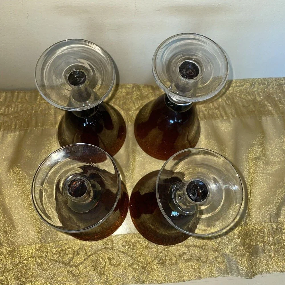 Blown Glass Goblets Bar Amber Gold Brown Clear Stem Set Of 2 (4 Available)